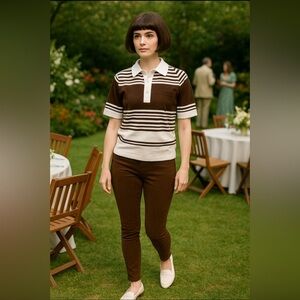 Vintage 70’s Golf  Shirt 👕,buttoned, brown/white/tan stripe, short sleeve.